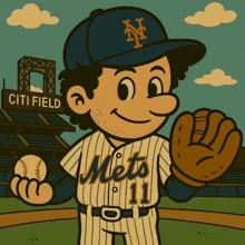 a cartoon of a mets baseball player holding a ball and glove