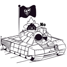 a black and white drawing of a tank with a flag and the word no on it