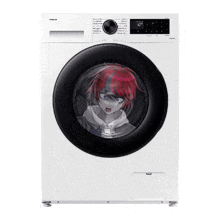 a samsung washing machine has a picture of a girl in the door