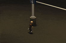 a person running in front of a sign that says bus