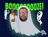 a man in a ghost costume is holding a bottle of beer and says booo