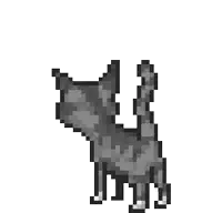 a pixel art of a gray cat with blue eyes walking .