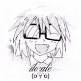 a black and white drawing of a person with glasses and the words de ale ( ovo ) below it