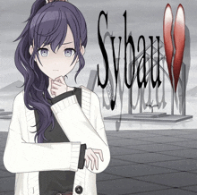 a girl with purple hair is standing in front of the word sybau