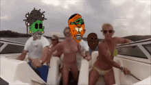 a group of people on a boat with cartoon faces on the front