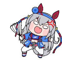 a cartoon drawing of a girl holding a fan with a red heart on her forehead