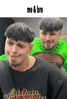 a man wearing a black shirt that says custom motorcycles is standing next to another man