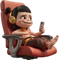 a cartoon character wearing headphones is sitting in a chair looking at a cell phone