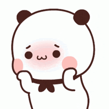 a cartoon panda bear is making a funny face with his hands on his face .