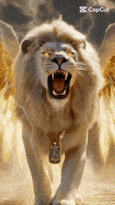 a painting of a lion with wings and a necklace that says ' capcut ' on the bottom