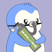 a penguin wearing a mask is holding a bottle of helium