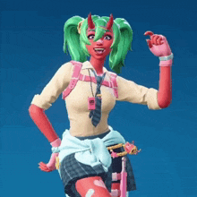 a girl with green hair and red horns is wearing a whistle around her neck
