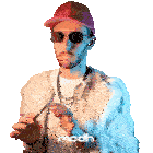a man wearing sunglasses and a fur coat has the word mcdh on the bottom right