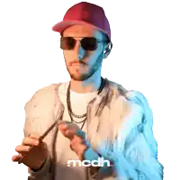 a man wearing sunglasses and a fur coat has the word mcdh on the bottom right
