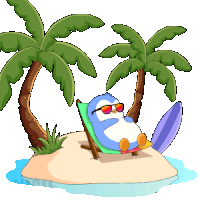 a penguin is laying in a chair on a small island with palm trees