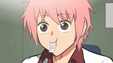 a cartoon of a girl with pink hair and brown eyes