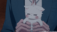 a man is holding a small white cat in his hands