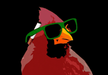 a red bird wearing green sunglasses and a cigarette in its mouth