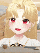 a cartoon girl with blonde hair and red eyes
