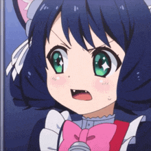 a girl with blue hair and green eyes is wearing a pink bow tie