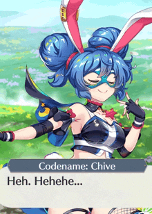 a girl with bunny ears and a mask says codename chive heh . henehe ..