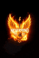 a nevermind logo with a guitar and flames around it