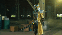a superhero with a sword is standing in a dark room with boxes and barrels