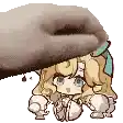a cartoon girl with blonde hair and blue eyes is sitting under a blanket with a cat 's paw on her head .