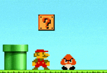 a video game scene with a green pipe , a cartoon character , and a cartoon character .