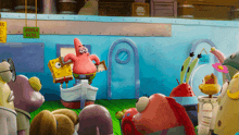 a group of cartoon characters are gathered in front of a sign that says under water