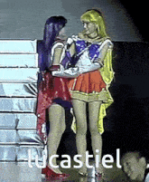 lucastiel is written on the bottom of a photo of two women
