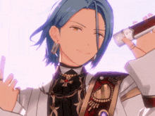 a man with blue hair is holding a microphone in his right hand