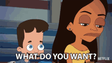 a cartoon of a man asking a woman what she wants