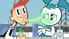 a cartoon of a boy and a girl spraying each other with oil