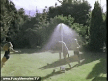 a group of people are playing in a park with the website www.fuzzymemories.tv at the bottom of the screen