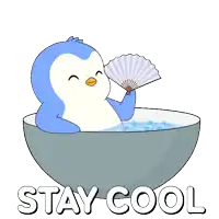 a penguin is sitting in a bowl of water holding a fan and the words " stay cool " below it