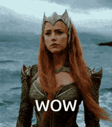 a woman with long red hair is standing in front of the ocean and the word wow is on the bottom of the image