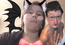 a man and a woman are posing for a picture with a bat and a bow