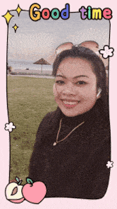a picture of a woman in a frame with the words good time on it
