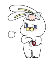 a white rabbit with a bow on her head is holding a red watch .