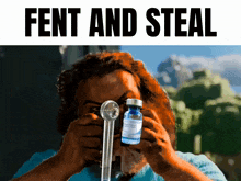 a man is holding a bottle of fentanyl and a pipe