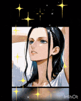 a drawing of a woman with long black hair and blue eyes surrounded by stars