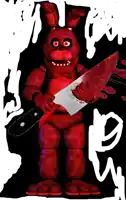 a red bunny is holding a bloody knife in front of a white letter w