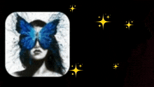 a black and white photo of a woman with a blue butterfly covering her eyes and the words welcome