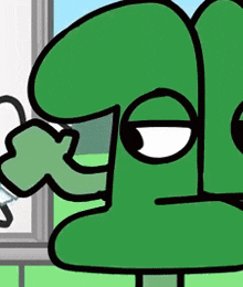 a green cartoon character is standing in front of a window looking out .