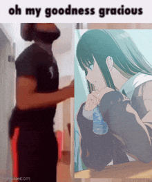 a man is standing next to a picture of a girl drinking from a bottle