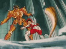 a cartoon character in a red and white outfit is fighting a monster in the water .