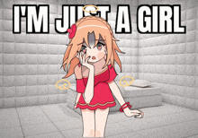 a girl in a red dress with the words i 'm just a girl