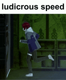 a cartoon of a person running with the words ludicrous speed below them