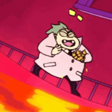 a cartoon character is walking down a staircase while holding a box .